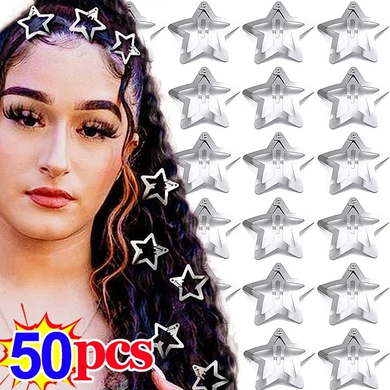 2/50Pcs Y2K Silver Star Hair Clips for Girls Filigree Star Metal Snap Clip Hairpins Barrettes Hair Jewelry Nickle Free Bobby Pin   hairclips