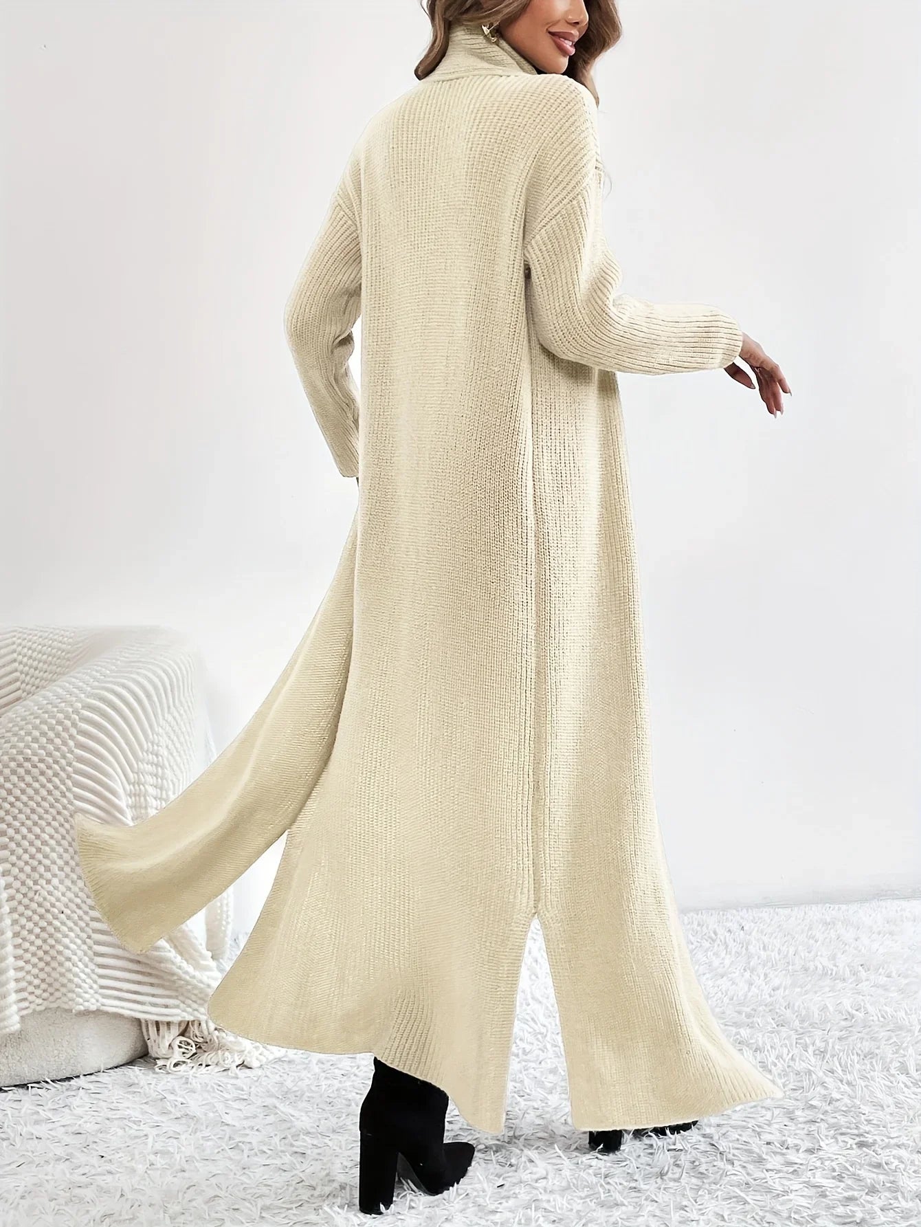 Elegant Long Knitting Sweater Women High Neck with Split Hem For Female Winter Warm Turtleneck Pullovers Maxi Dress  sweater