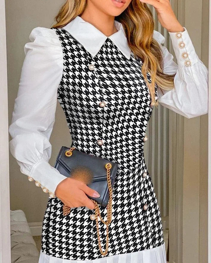 Womens Dresses Spring Fashion Houndstooth Button Decor Puff Sleeve Ruffle Hem Elegant Turn-Down Collar Daily A Line Dress long dress