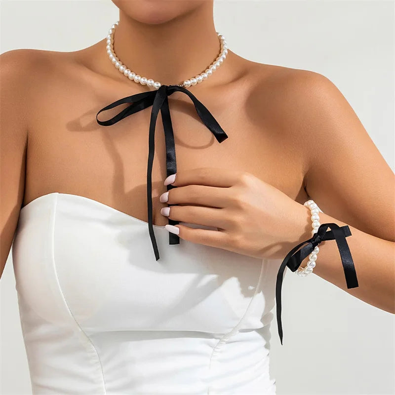 Imitation Pearl Beaded Choker Fashion Black Velvet Adjustable Bow Necklace Banquet Wedding Jewelry  necklace