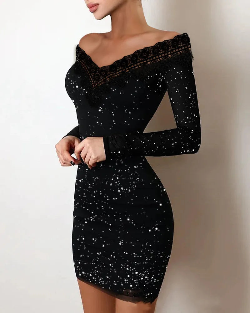 New Spring Women's Fashion, Elegance, Leisure, Sexy Long sleeved Lace Edge, One Shoulder Silver Powder Sprinkled  long Dress party dress