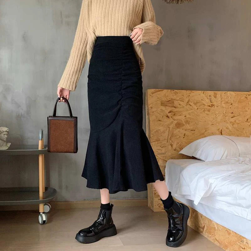 High Waist Midi Skirts for Women  Spring Slim Fit  Hip Mermaid Skirt Woman Korean Ruffles Brown Skirts