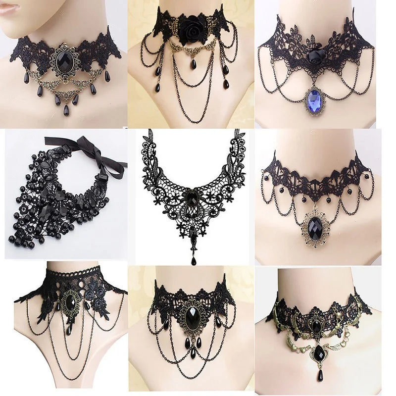 Gothic Victorian Black Lace Necklace Women Girl Boho Crystal Tassel Sexy Lace Choker Dark Loli Style Jewelry  necklace