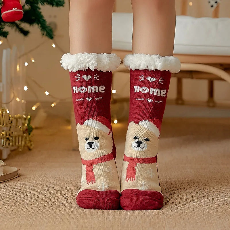 Winter Warm Socks Women penguin Plush Soft Female Non Grip Floor Slippers Short Sock Fuzzy Fluffy Deer Elk Bear Christmas Gift Socks