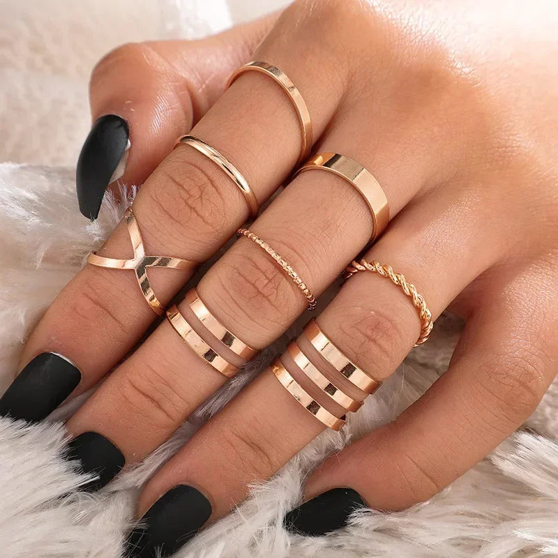 10Pcs Rings Suit For Women Silver-color Chain Ring Set Bohemian Style Coin Snake Moon Star Party Trend Gift Jewelry  rings