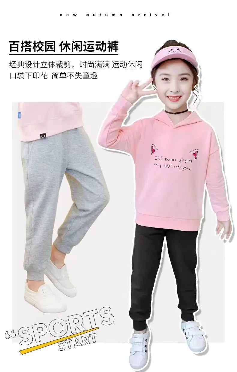 Cute Cat Cartoon Printed Girls Sweatpants Kids Sport Pants Teens Student Long Trousers For Kid 3-14 Year bottoms girls