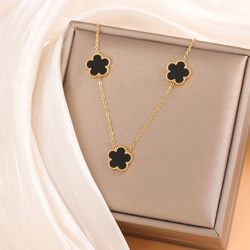 14K Gold Plated Stainless Steel Necklace Woman Five Leaf Petals Double Sided Necklaces for Women Pendant Flower Clover Jewelry  necklace