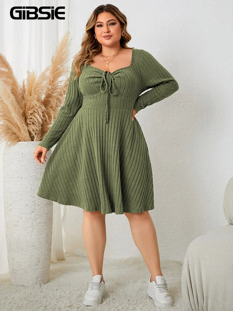 GIBSIE Plus Size Sweettheart Neck Knot Front A-Line Dress Women Fall New Vintage Long Sleeve Ribbed Knit Casual Winter Dresses