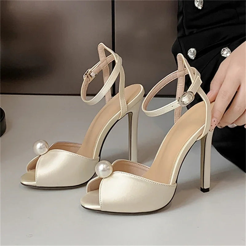 String Bead Open Toe Sandals Woman Ankle Buckle Strap Stiletto Heels Party Prom Shoes Summer Pumps Zapatos Mujer party sandal