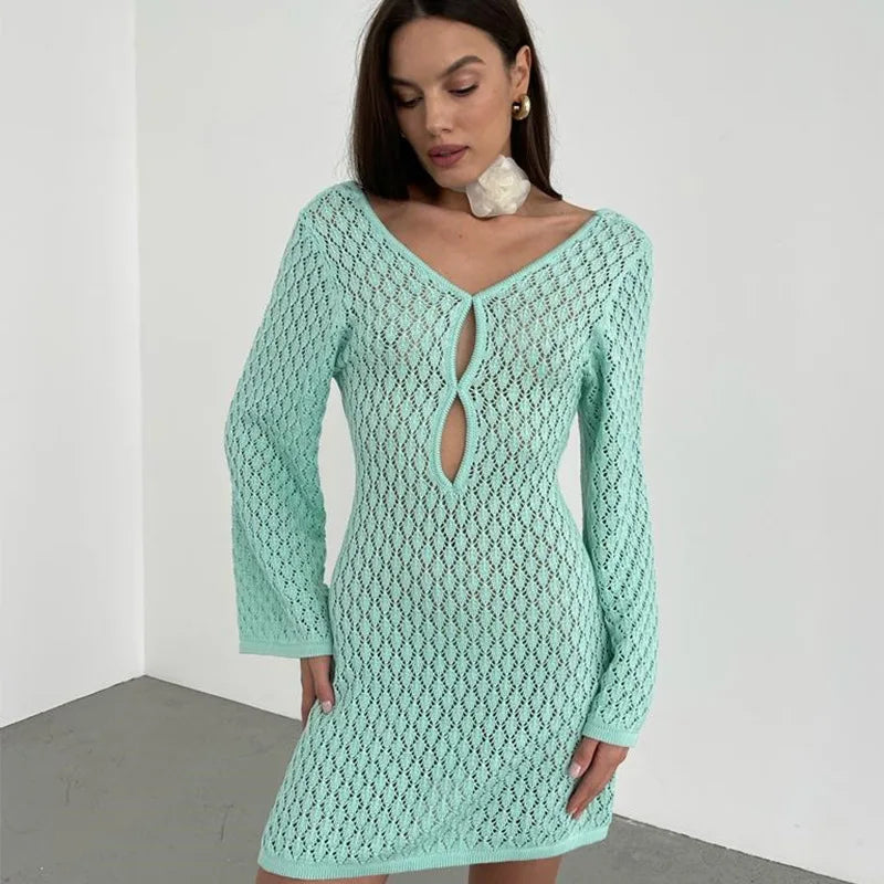 Women Long Knit Dress Hollow Out Deep V-Neck Long Sleeve Bikin Fashion Cover Up Beach Club Sexy Elegant See Through Dresses New long dress party dress