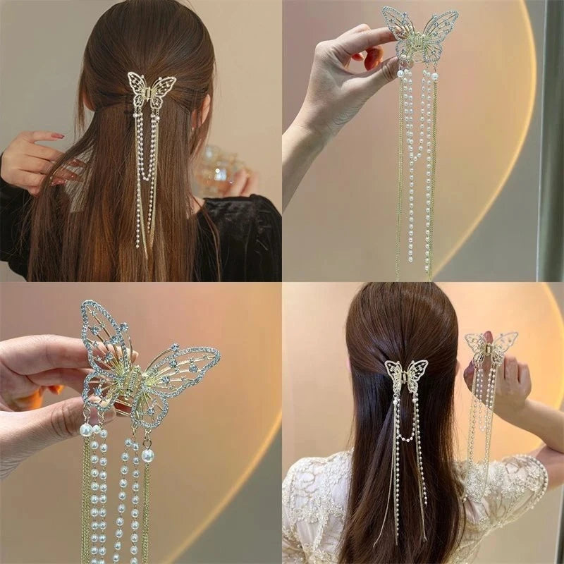 Hollow Butterfly Tassel Hairpin Korean Girl Rhinestone Ponytail Hair Grabber Elegant Pearl Hair Accessories for Women hairclips