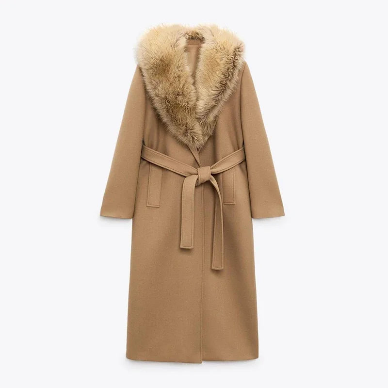 Fur Collar Long Woolen Coat Belt Lace Up Waist Cinching Pocket Plush Wool Overcoat Fashion Outwear Top Winter Women's Clothing coat