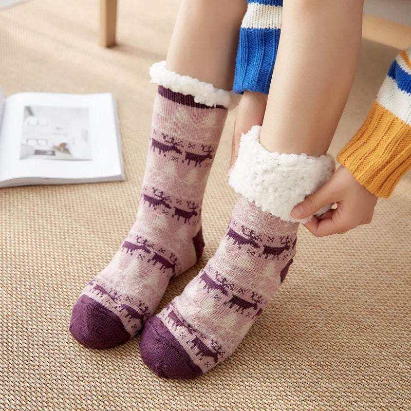 Winter Warm Socks Women penguin Plush Soft Female Non Grip Floor Slippers Short Sock Fuzzy Fluffy Deer Elk Bear Christmas Gift Socks