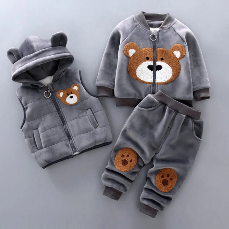 Autumn Winter Baby Boys Clothes Sets Thick Fleece Cartoon Bear Jacket Vest Pants 3Pcs Cotton Sport Suit For Girls Warm Outfits infants boys