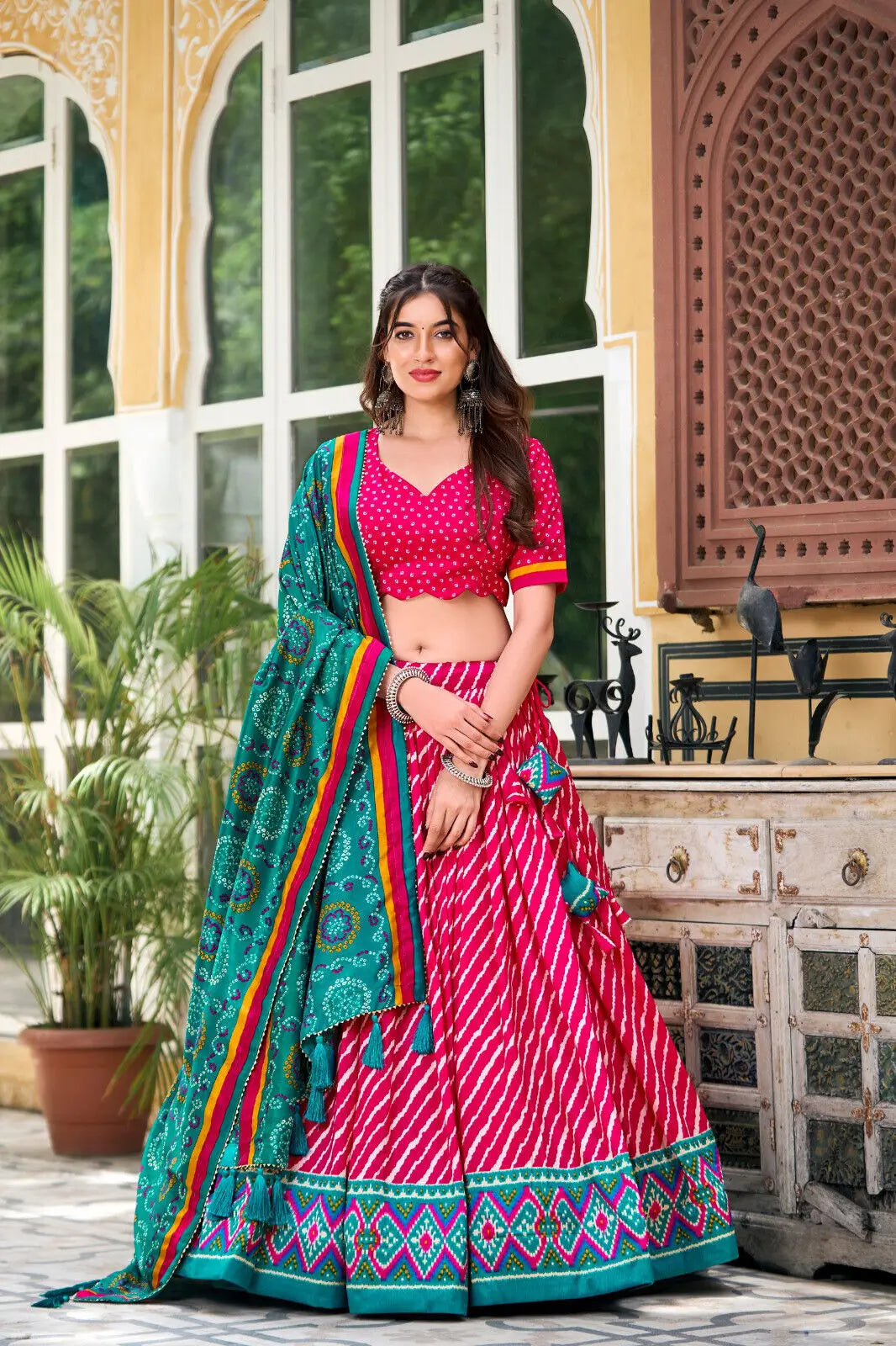 Elegant Leheriya Tussar Silk Lehenga Choli Patola Bandhani Print Indian Fashion Design party lehnga