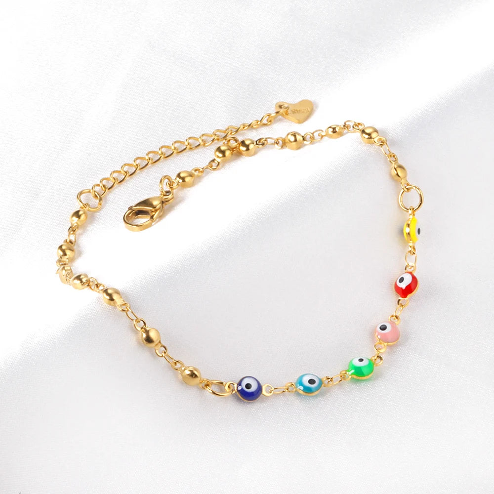 Stainless Steel Gold Color Enamel Round Evil Eye Leg Chain Summer Jewelry Gift For Women Girlfriend anklet