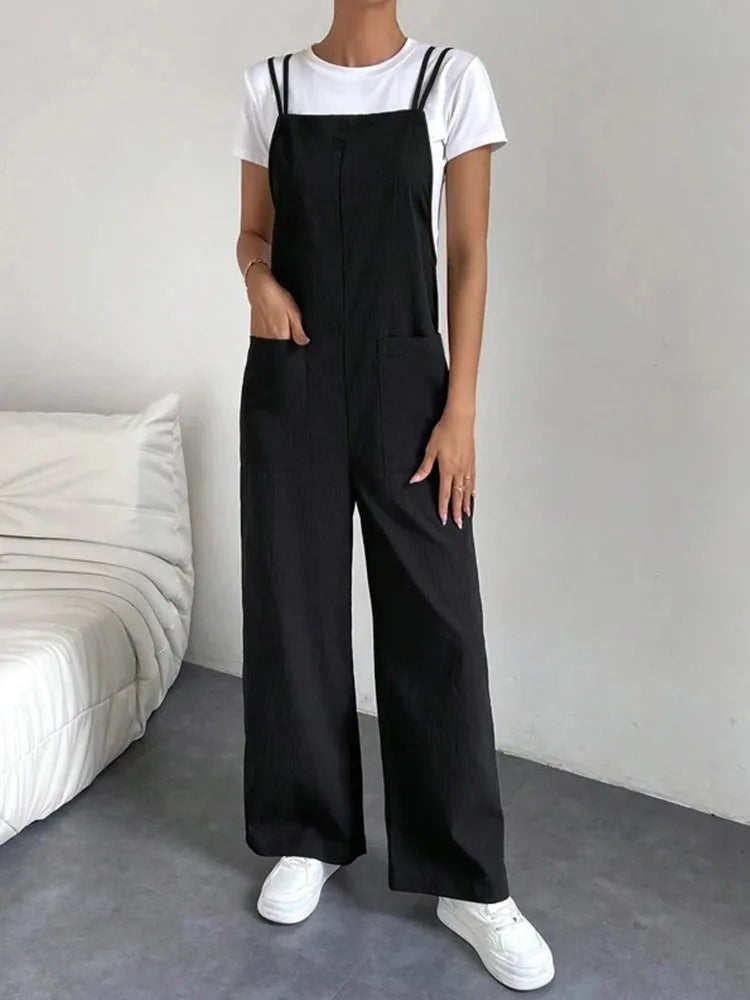 European and American Suspender Jumpsuit Women's Summer New Fashion Casual Solid Long Wide Leg Women Overalls Jumpsuit