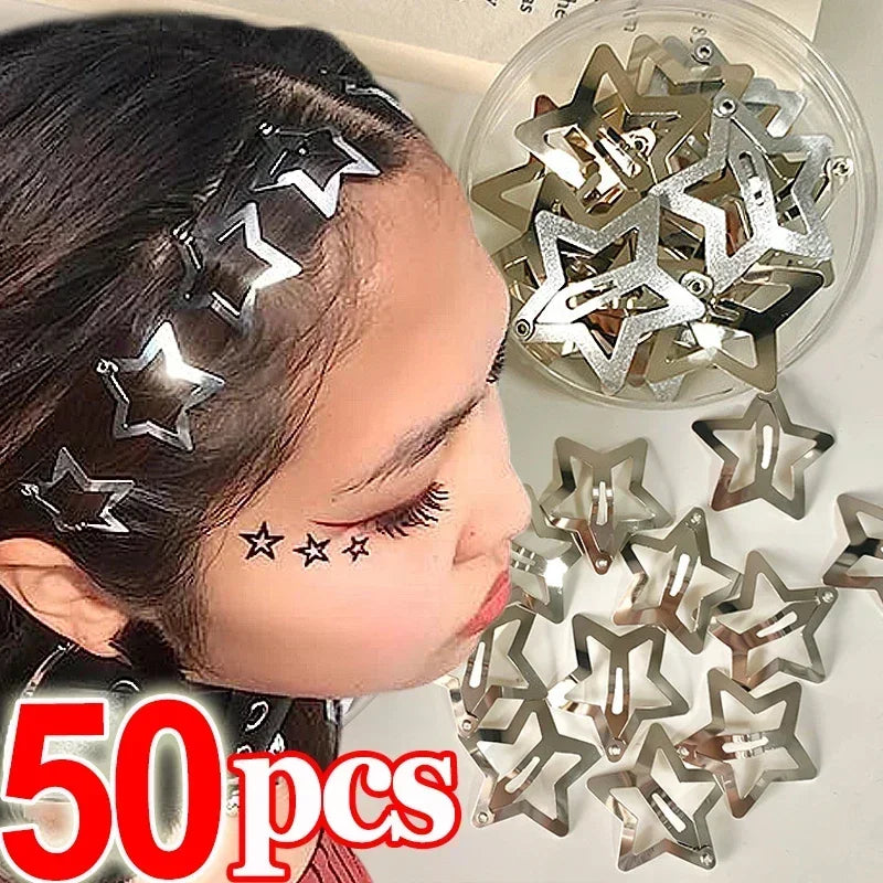 2/50Pcs Y2K Silver Star Hair Clips for Girls Filigree Star Metal Snap Clip Hairpins Barrettes Hair Jewelry Nickle Free Bobby Pin   hairclips