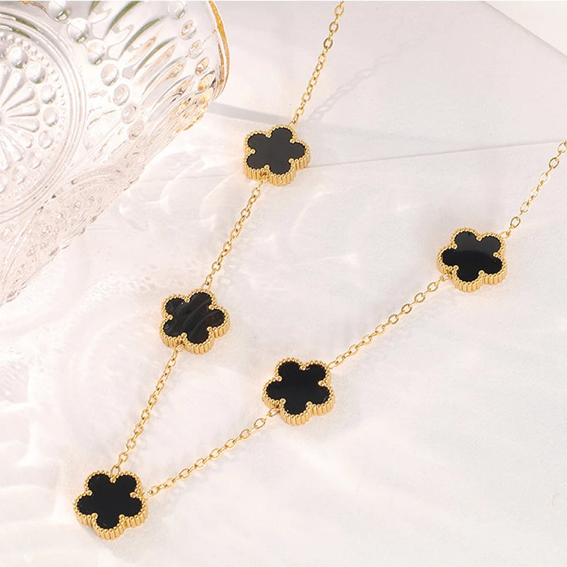 14K Gold Plated Stainless Steel Necklace Woman Five Leaf Petals Double Sided Necklaces for Women Pendant Flower Clover Jewelry  necklace