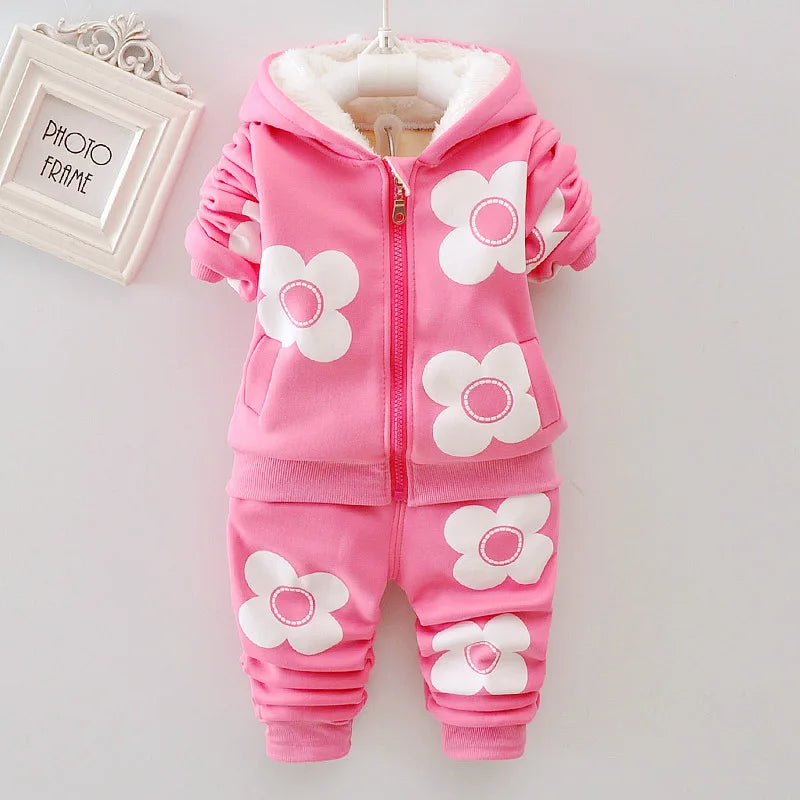 Baby Girls Flower Cartoon Thickk Woolen Autumn Winter Hoodied Jacket Coat Pants Clothing Set Children Kids Warm Clothes Suits infants girls