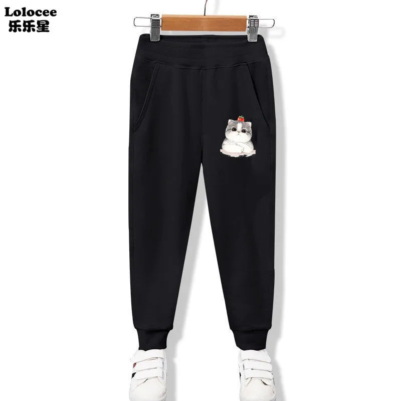 Cute Cat Cartoon Printed Girls Sweatpants Kids Sport Pants Teens Student Long Trousers For Kid 3-14 Year bottoms girls