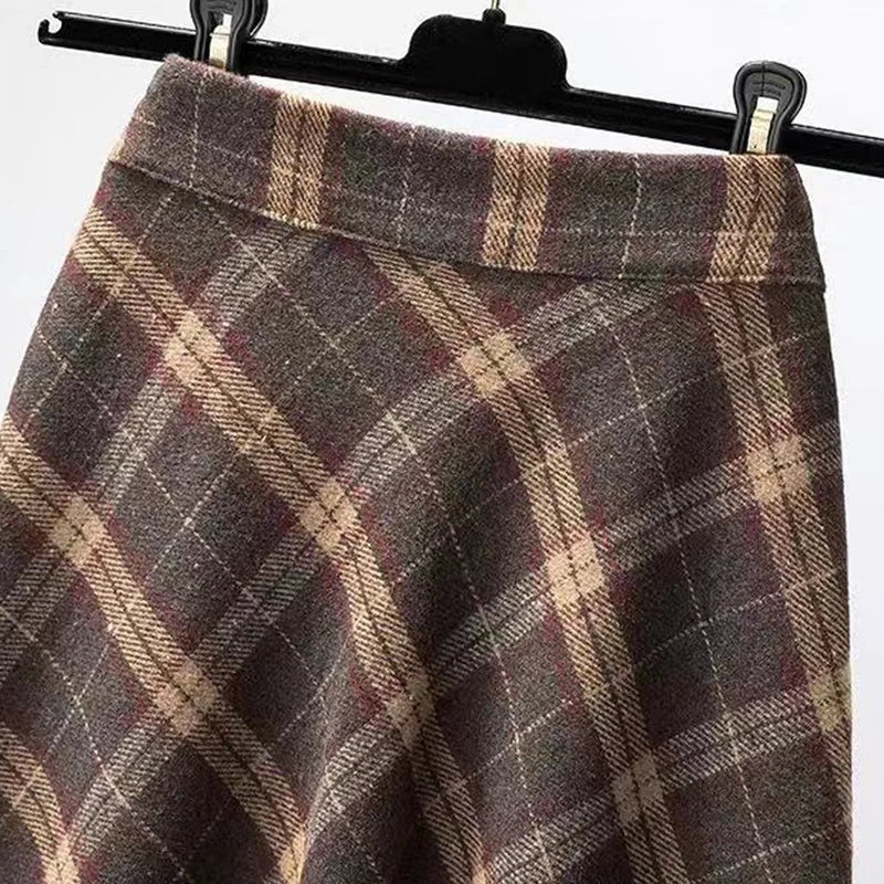 Autumn Winter Woolen Skirt Thick High Waist Long Skirt Woman A Line Pleated Plaid Skirt