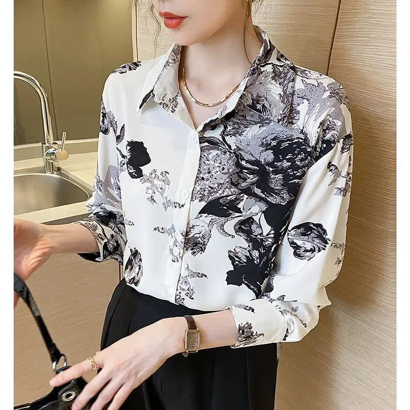 Polo Collar Long Sleeve Printed Blouse Casual Versatile Western Commuting Sweet Clothing Women Shirts