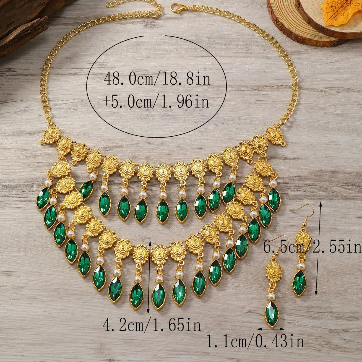 Dubai Indian Crystal Tassel Necklace Earrings Set Women Gold Color Flower Pearl Jewelry Sets African Bridal Wedding Party  indian jewellery