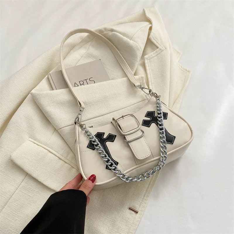 Cool Chain Y2k Girls Underarm Bags Simple Pu Leather Women's Small Shoulder Bag Fashion Retro Female Clutch Handbags Purse bags