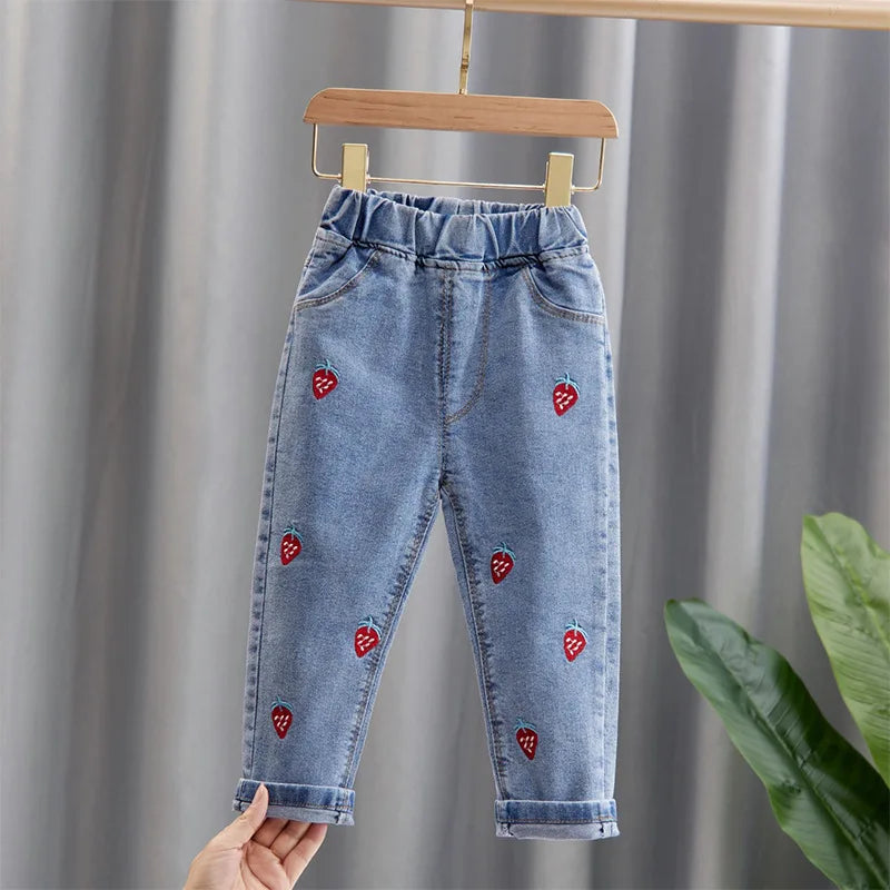 Kids Girl Jeans Floral Cartoon Long Pants Spring Autumn Graffiti Painting Print Casual Trousers with Hole Children Denim Pants