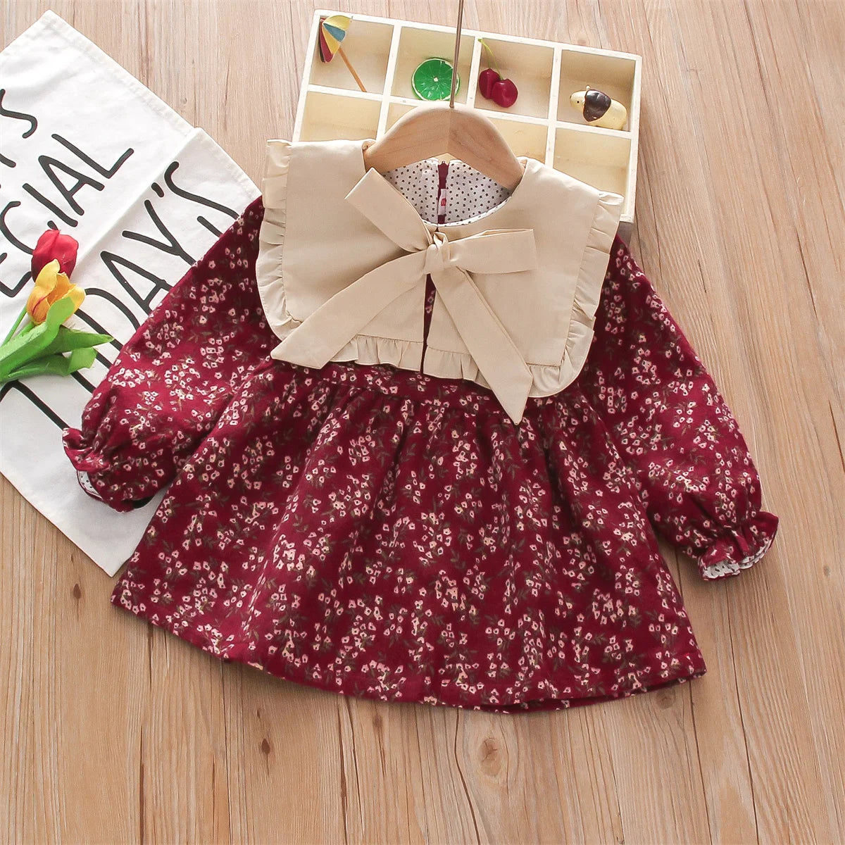 Autumn And Winter Girls' Dress New Countryside Fragmented Flower Bow Lace Lapel Sweet Long Sleeve Forest Style Wear infants girls