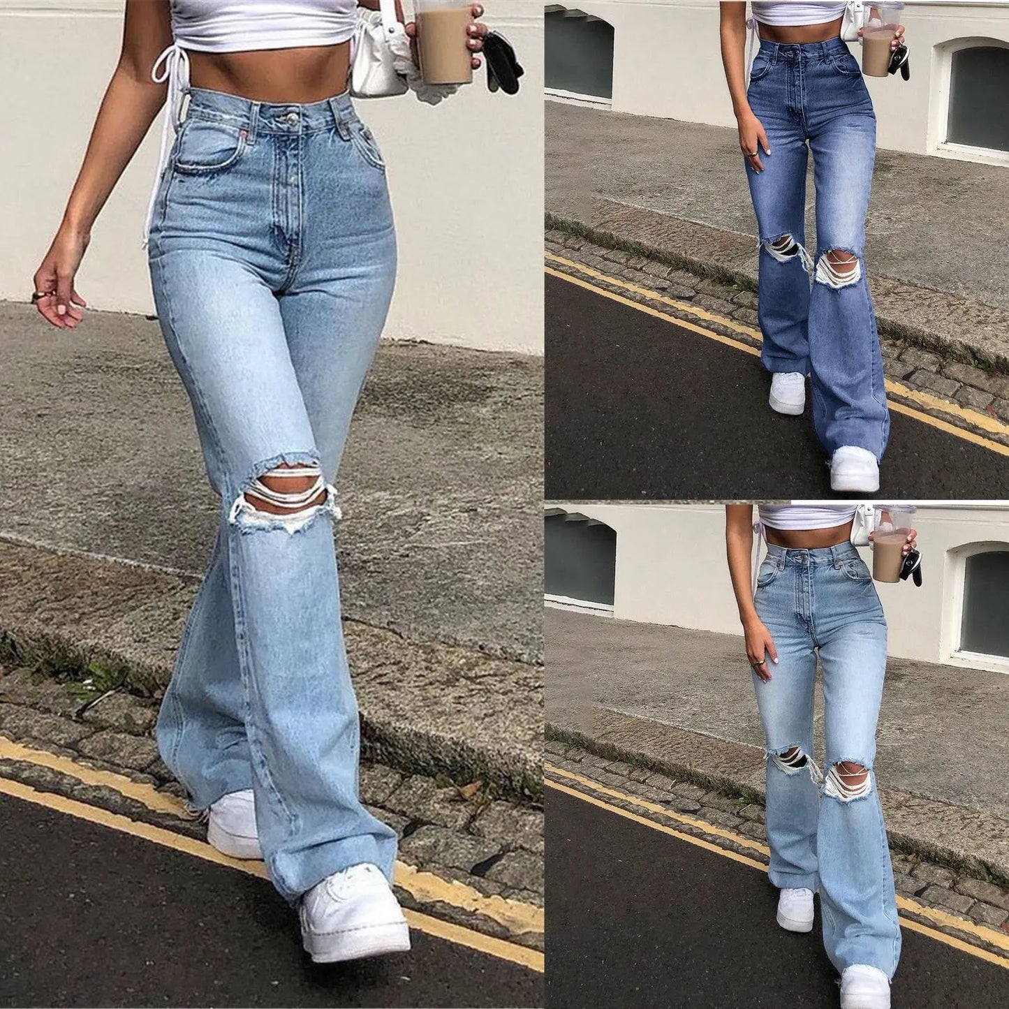 New High Waist Ripped Boot Cut Jeans For Women Fashion Stretch Knee Ripped Denim Flared Pants Casual Female Trousers