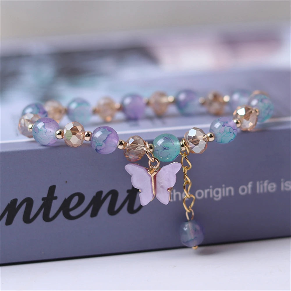 Fashion Butterfly Beaded Bracelets For Women Girls Imitation Jade Bohemian Crystal Charm Elastic Rope Bracelet Hand Jewelry bracelete