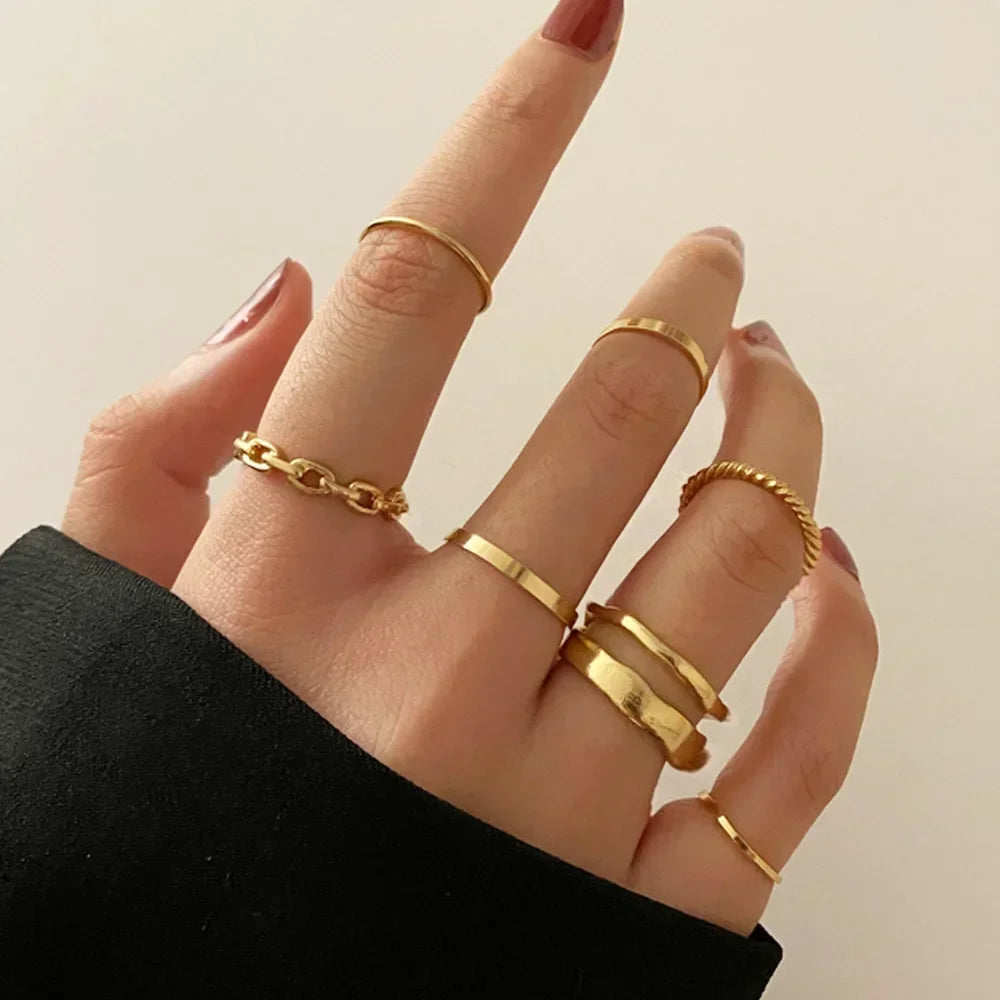 10Pcs Rings Suit For Women Silver-color Chain Ring Set Bohemian Style Coin Snake Moon Star Party Trend Gift Jewelry  rings