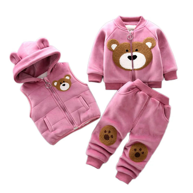 Autumn Winter Baby Boys Clothes Sets Thick Fleece Cartoon Bear Jacket Vest Pants 3Pcs Cotton Sport Suit For Girls Warm Outfits infants boys