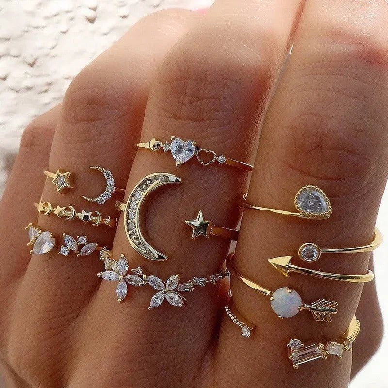 10Pcs Rings Suit For Women Silver-color Chain Ring Set Bohemian Style Coin Snake Moon Star Party Trend Gift Jewelry  rings