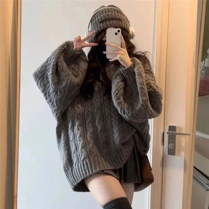 Autumn Winter Women Sweater Harajuku Oversized Knitted Pullovers Korean Long Sleeve V Neck Knitwear Preppy Solid Loose Jumper  sweater