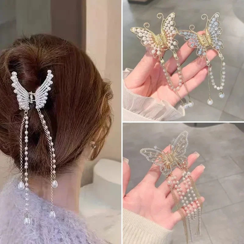 Hollow Butterfly Tassel Hairpin Korean Girl Rhinestone Ponytail Hair Grabber Elegant Pearl Hair Accessories for Women hairclips