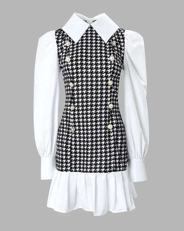 Womens Dresses Spring Fashion Houndstooth Button Decor Puff Sleeve Ruffle Hem Elegant Turn-Down Collar Daily A Line Dress long dress