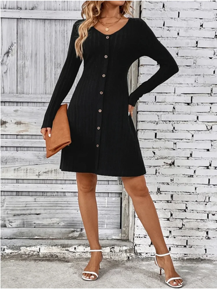 Women's V-Neck Button Dress Monochromatic A-line Casual Comfortable Spring Autumn Trend long dress