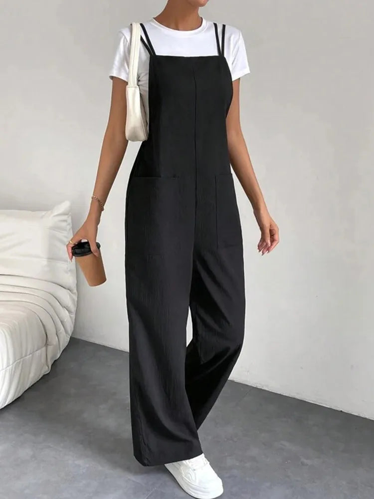 European and American Suspender Jumpsuit Women's Summer New Fashion Casual Solid Long Wide Leg Women Overalls Jumpsuit