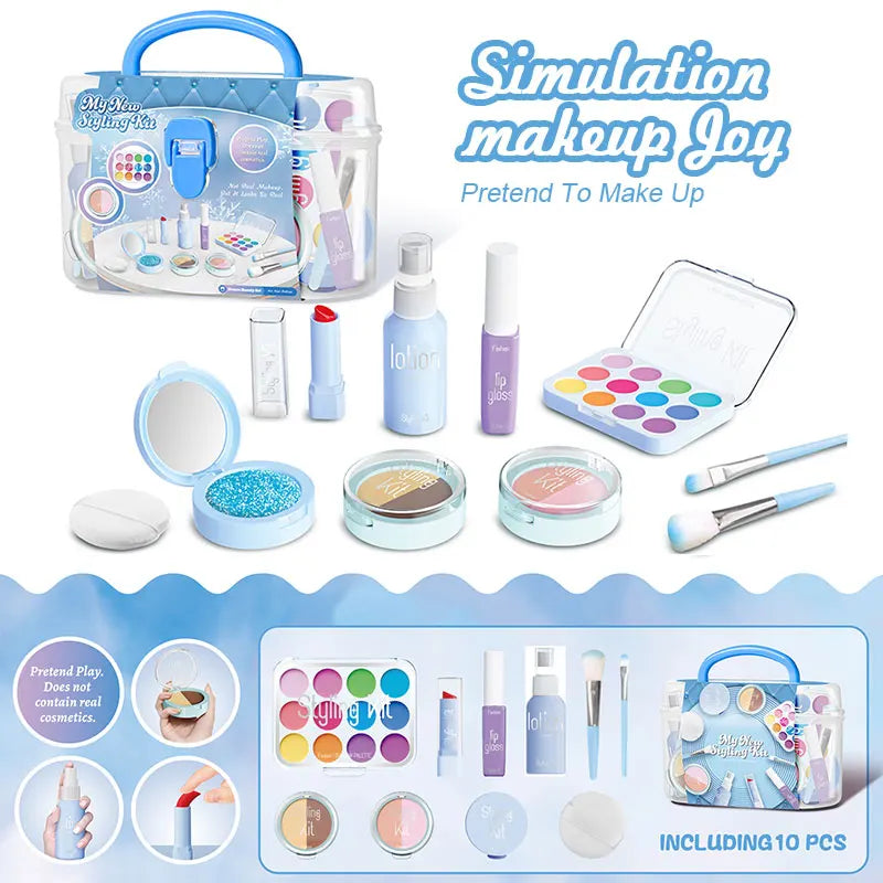 Pretend Makeup Playset, 10-Piece Non-Toxic Toy Cosmetics Set With Eyeshadow Palette, Lipstick, Applicators,  (Not Real Makeup)