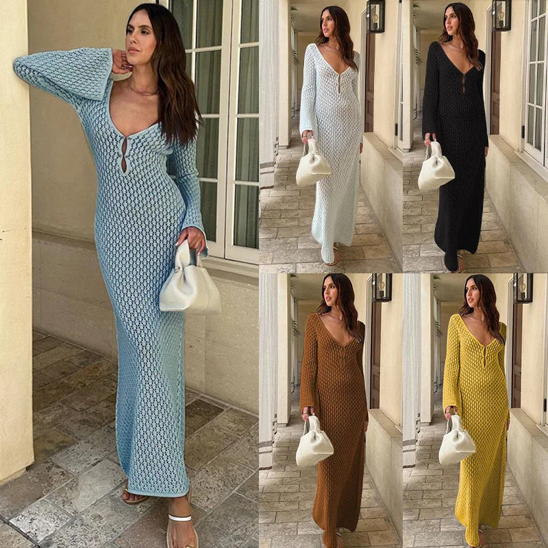 Women Long Knit Dress Hollow Out Deep V-Neck Long Sleeve Bikin Fashion Cover Up Beach Club Sexy Elegant See Through Dresses New long dress party dress