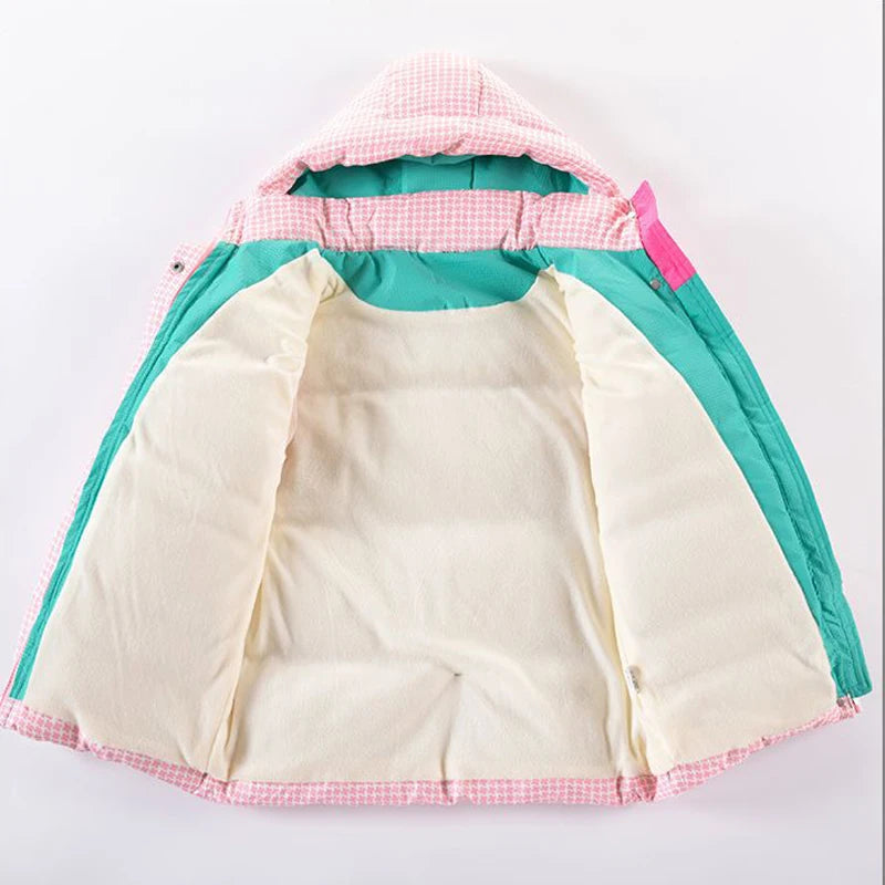 Winter Keep Warm Princess Girls Jacket Grid Design Padded Lining With Velvet Hooded Heavy Coat For Kids Sent Bear Doll girls jackets and coats