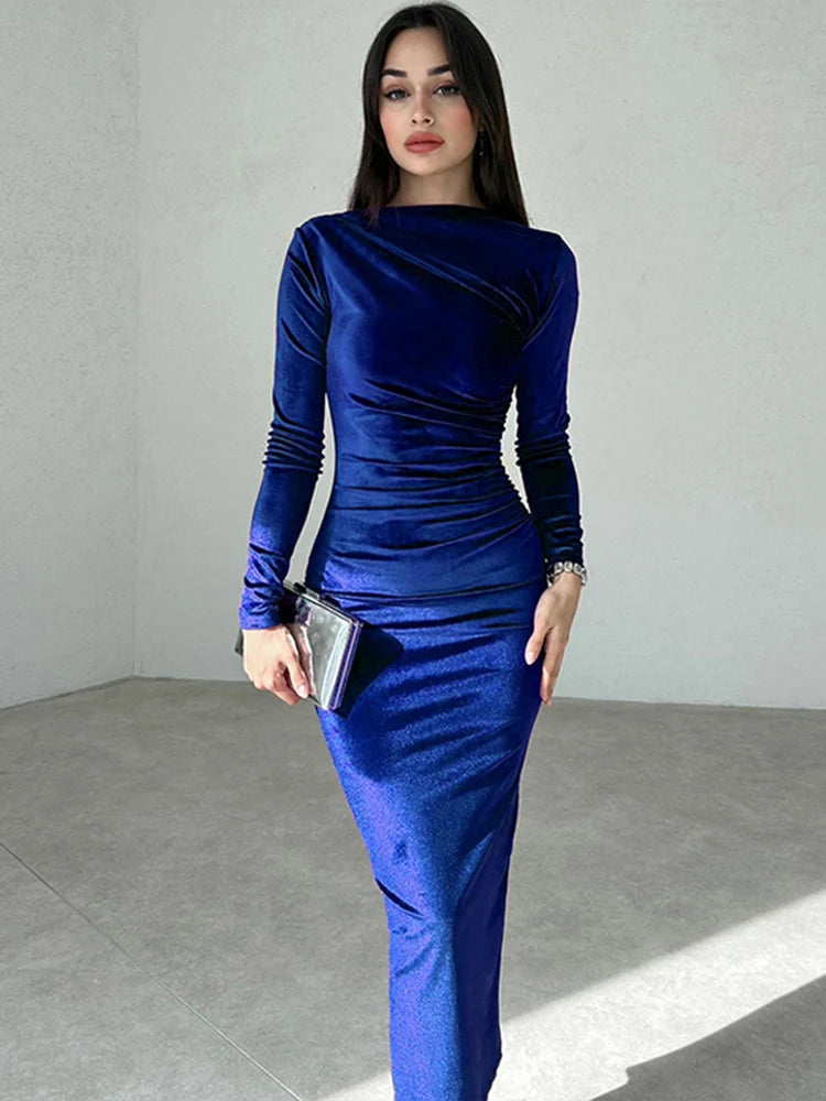 Spring Summer Velvet Long Sleeve Midi Dress For Women Ruched Long Dress Elegant Party Clothes Evening Green Outfits party dress