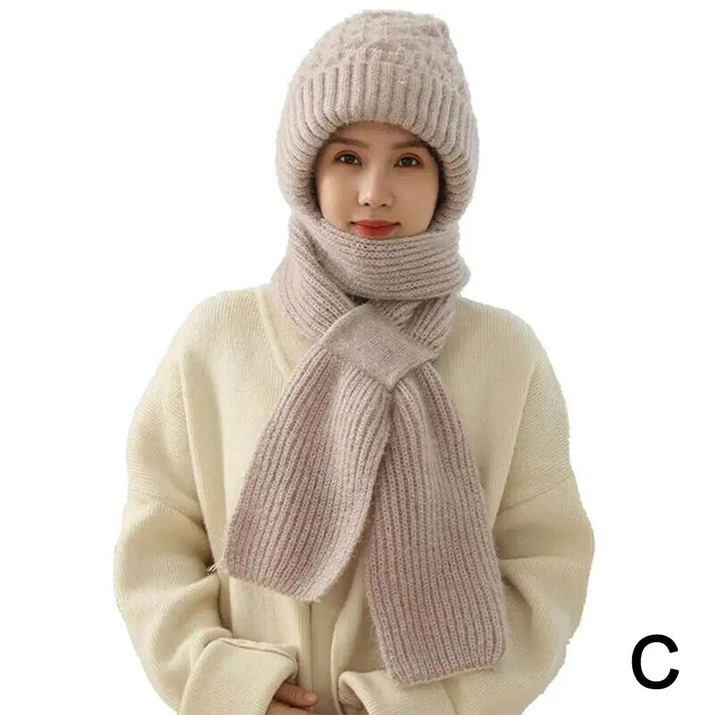 Hat Scarf All-in-one Female Winter Warm Rabbit Hair Knitted Cap Cycling Ear Protection Padded Cute Cold-proof Neck Cap