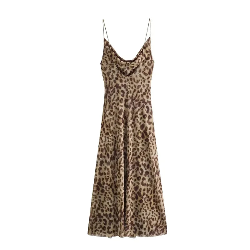 Leopard Print Long Dress Women Tulle Backless Slip Dress Woman Summer Sexy Holiday Dresses Vintage Midi Party Dress