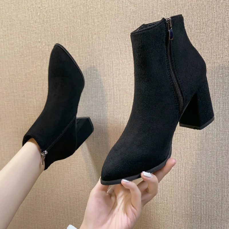 Short Boots Women's Pointed Toe Thick Heel Autumn and Winter New Thin Side Zipper Comfortable Bare Boots Women ankle boots