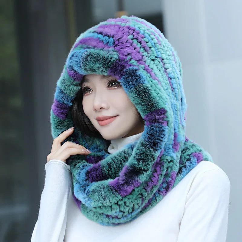 Hot Sale New Women Real Knitted Rex Rabbit Fur Hat Hooded Scarf Long Winter Warm Fur Hat With Neck Collar Scarves Hat Scarf scarf and shawl