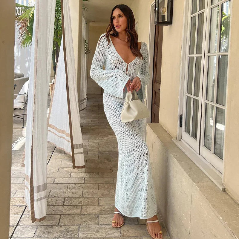 Women Long Knit Dress Hollow Out Deep V-Neck Long Sleeve Bikin Fashion Cover Up Beach Club Sexy Elegant See Through Dresses New long dress party dress